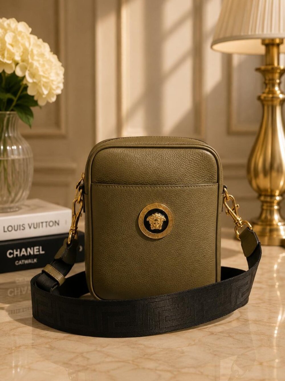 Authentic Versace La Medusa Leather Crossbody Bag Khaki Green Messenger